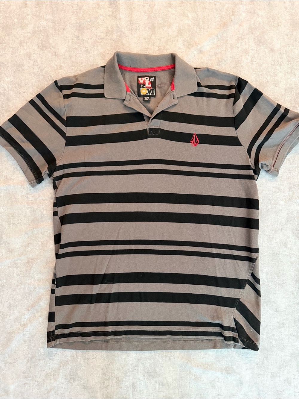 Vintage Y2K Volcom Gray & Black Striped Polo with Red Logo